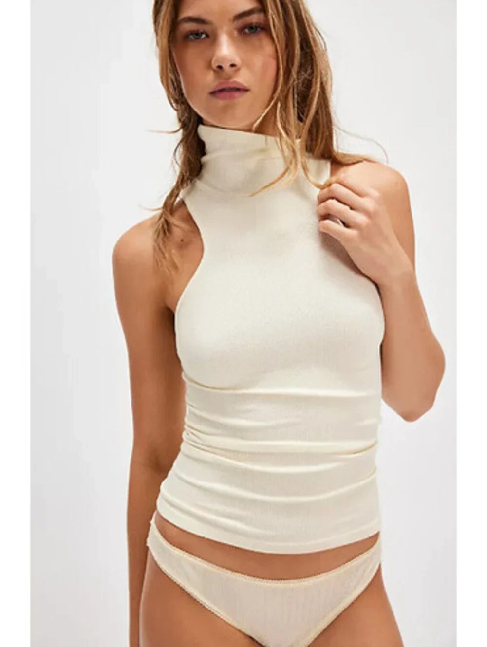 FREE PEOPLE ALWAYS READY SEAMLESS TURTLENECK TANK TOP SHIRT BEIGE XS/S NWT